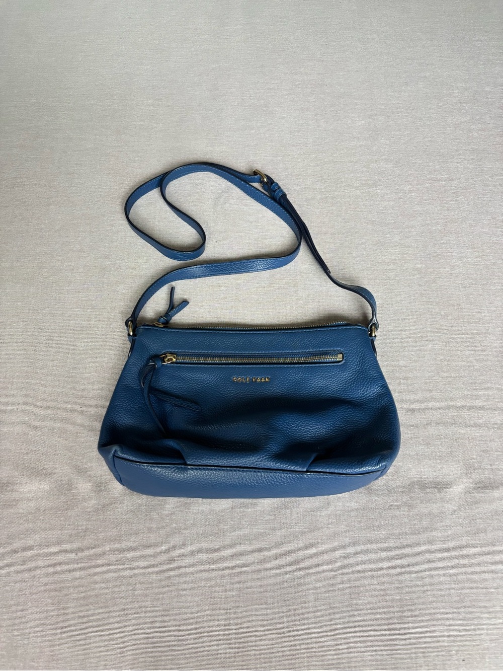 Cole Haan blue leather colorful fun sleek crossbody everyday purse